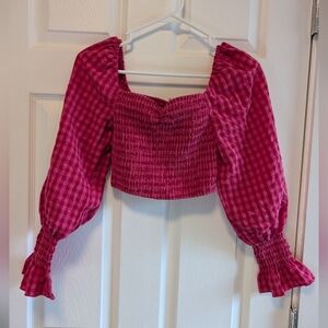 Shein Pink Checkered Long Sleeve Puff Sleeve Crop Top Size XS